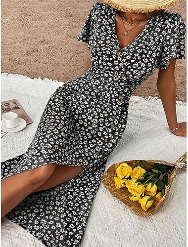  Per donna Vestito longuette Abito casual Abito linea A Abito estivo Moda Informale Da mare Giornaliero Appuntamento Standard Floreale Manica corta A V Nero Rosso Blu Estate