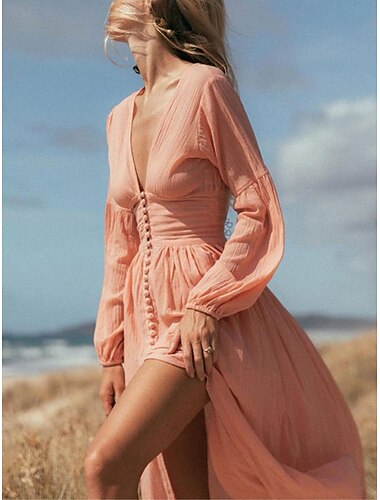  Damen Weißes Kleid Maxidress Taste Gespaltener Oberschenkel Urlaub Strand Böhmen Hawaiianisch V Ausschnitt Langarm Rosa Grün Beige Farbe