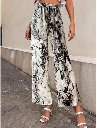  Damen Breites Bein Hosen Hose Casual Lang Graphic Paisley-Muster Hund Seitentaschen Bedruckt Elastisches Kordelzugdesign Atmungsaktivität Komfortabel Unelastisch Ausgehen Wochenende Schwarz & Wei