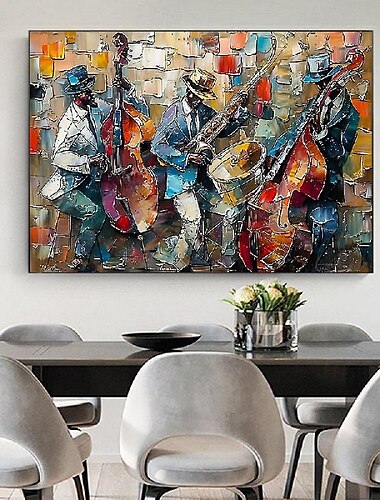  Pintura al óleo de banda de jazz abstracta grande sobre lienzo, arte de pared pintado a mano, música de jazz negra, pintura personalizada, decoración de moda para sala de estar, decoración del hogar