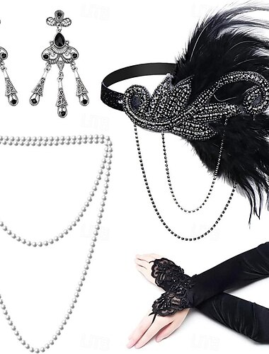  1920-luku Suuri Gatsby Asut Flapper-panta Suuri Gatsby Häävieras Kaulukseton Naamiaispuku Naisten Halloween Karnevaali Naamiaiset Juhla Naamiaiset Häävastaanotto Aikuisten Käsineet Kaulakorut