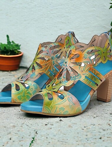  Dame Sandaler Blomstret Skåret ud Platform Konisk hæl Kraftige Hæle Kigge Tå Elegant Årgang Læder Lynlås Gul Blå Lys Lilla