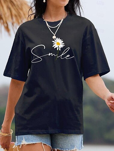  Damen T Shirt Gänseblümchen Basic Kurzarm Rundhalsausschnitt Normale Oberteile Casual Wochenende Bedruckt Schwarz Weiß Gelb Rosa Marineblau