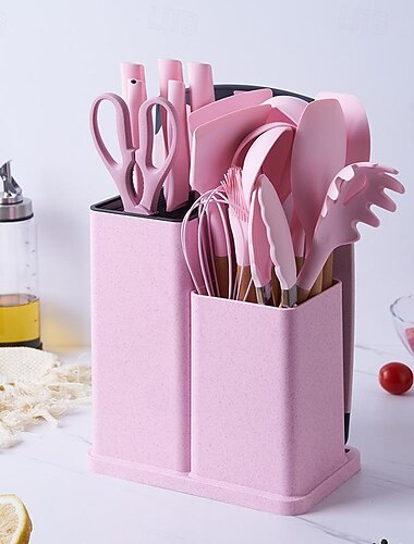  19 Pieces Kitchen Utensils and Knife Set with Block, with 9 Piece Silicone Cooking Utensils Set 5 Piece Sharp Stainless Steel Chef Knives Scissors Whisk Tongs and Cutting Board (19 in 1)