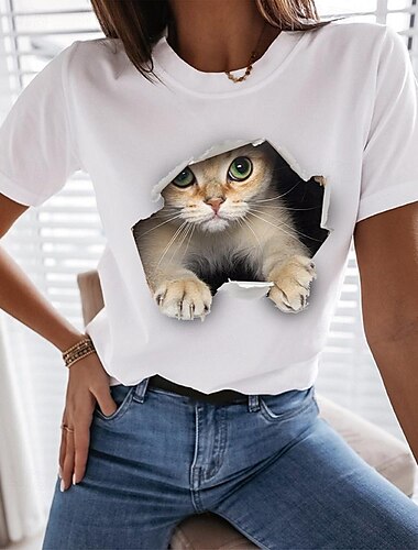  Damen T Shirt Lustiges T-Shirt Schwarz Weiß Graphic Katze Bedruckt Kurzarm Casual Täglich Basic Rundhalsausschnitt Standard 100% Baumwolle 3D Cat S