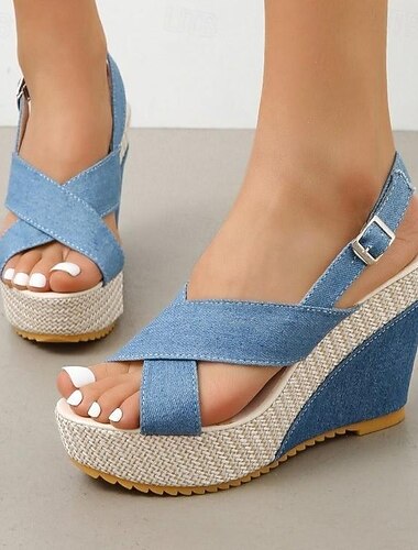  dámské modré džínové sandály na klínku – design s křížovým páskem s espadrilovou podrážkou, ležérní letní boty na platformě na pláž i každodenní nošení