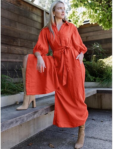  robe chemise longue en lin avec poche à lacets