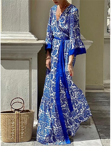  Damen Freizeitkleid Swing Kleid Blumendruck V-Ausschnitt Langes Kleid Maxikleid Hawaiianisch Casual Alltag Urlaub 3/4 Ärmel Sommer