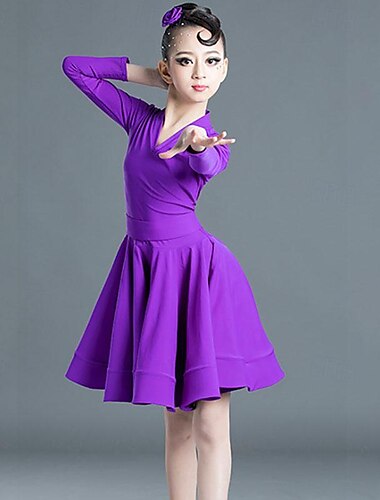  Latein-Tanz Tanzkleidung für Kinder Kleid Pure Farbe Farbaufsatz Mädchen Leistung Ausbildung Langarm Hoch Polyester