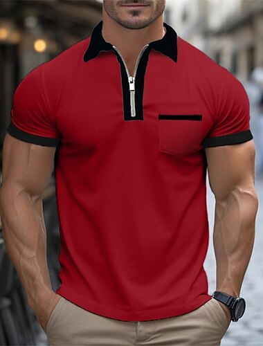  Miesten Quarter Zip Polo Golfpaita Päivittäin Pyhäpäivä Sänkyjen avaus Lyhythihainen Muoti Perus Tilkkutäkki Tasku Kevät kesä Normaali Vaalean sininen Valkoinen Rubiini Vihreä Quarter Zip Polo