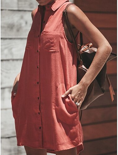  Damen Weiß Rote Grau Sommer Frühling Minikleid Leinen-inspirierte Kleider Weißes Kleid Hemdblusenkleid Basic Modern Täglich Wochenende Lässiger Schnitt Einfach Hemdkragen