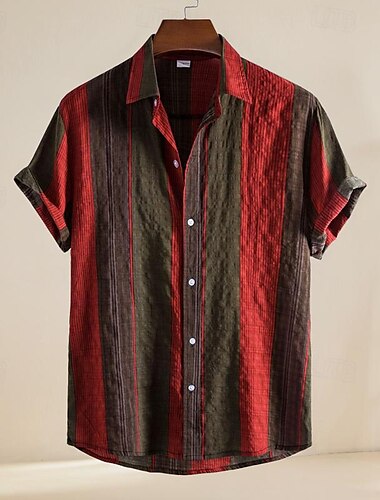  Men's Shirt White Cotton Shirt Summer Shirt Casual Shirt Cotton Linen Shirt Button Up Shirt Red Short Sleeve Stripes Turndown Vacation Street Button-Down Clothing Apparel Polyester Fashion Casual
