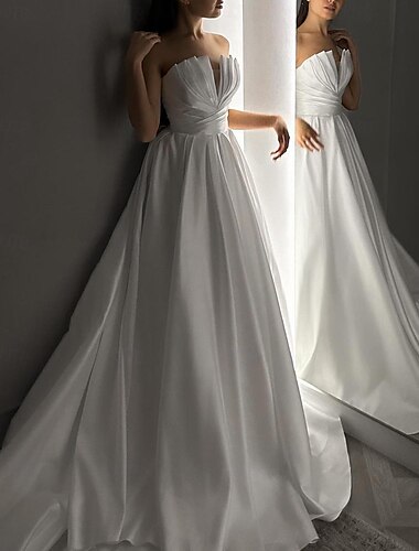  A-Line Vestido de Noche Elegante Vestido de Boda Fiesta de Máscaras Cola de Capilla Sin Mangas Sin Tirantes Satén con Pliegues 2025