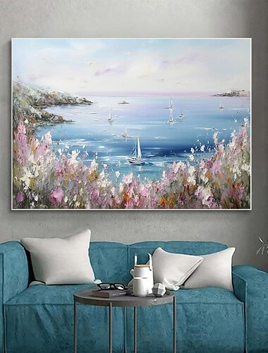  Pintura al óleo hecha a mano, lienzo, decoración de arte de la pared, hermoso paisaje marino moderno, paisaje de velero para el hogar, decoración para sala de estar, pintura enrollada sin marco y sin