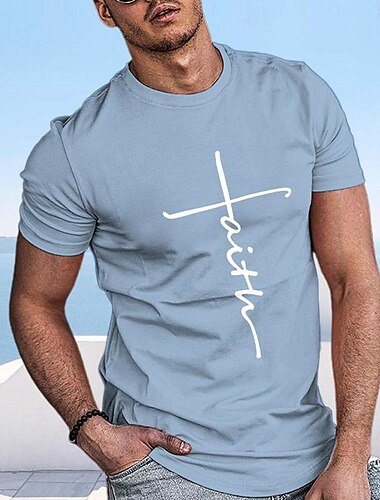  Geloof Graphic T-Shirt voor Heren Lichtblauw Korte Mouwen Casual T-shirt