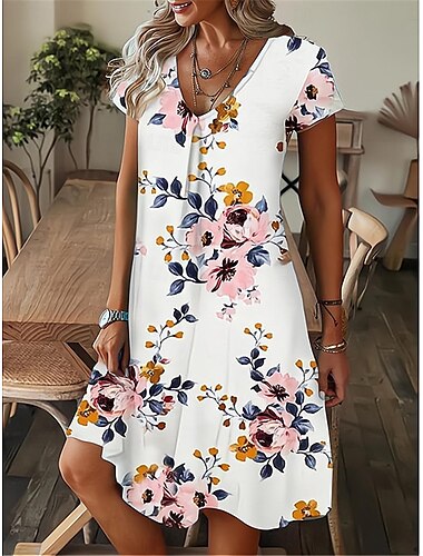  Dames Mini-jurk Casual jurk Zomerjurk Boho-jurk Stijlvol Casual Vakantie Dagelijks Afspraakje Normale pasvorm Bloemig Korte mouw V-hals Zwart Wit Koningsblauw Groen Zomer