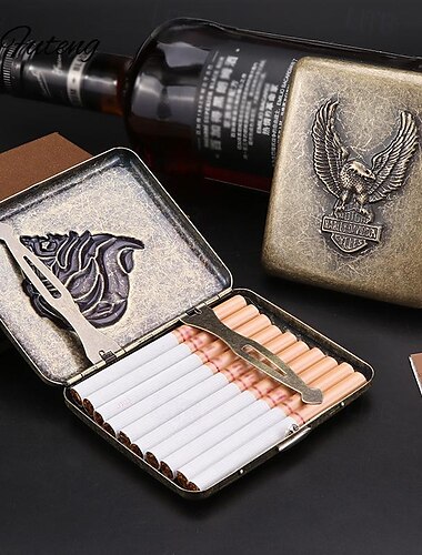  علبة سجائر معدنية، تصميم منقوش مبتكر، ملحق للتدخين، تسع 20 سيجارة