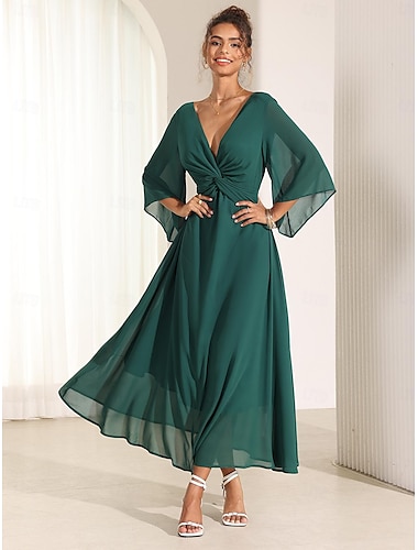  dames bruiloftsgast cocktailjurk chiffon effen ruches gedraaid elegante zomer maxi-jurk v-hals uitlopend 3/4 mouw