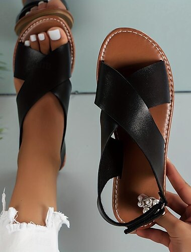 Sandálias planas femininas sandálias boho verão sapatos de praia plus size sandálias de cinta cruzada sandálias casuais estilingue verão preto marrom