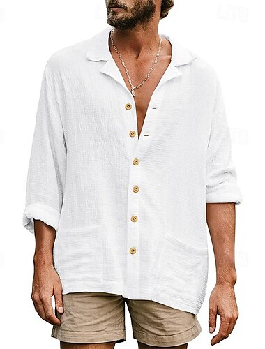  Herren Hemd Weißes Baumwollhemd Freizeithemd Baumwoll-Leinen-Hemd Einfach Urlaub Hawaiianisch Weiß Grün Aprikose Leicht Blau Langarm Camp-Kragen Frühling & Herbst Bekleidung Button-Down
