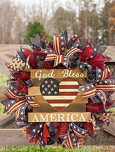  patriottische krans Amerikaanse onafhankelijkheidsdag decoratie rood wit blauwe kransen 4 juli kransen, handgemaakte god zegene amerika krans kleurrijke boog en houten letterteken hangende decoratie