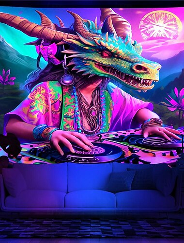  Schwarzlicht-Wandteppich, UV-reaktiv, im Dunkeln leuchtend, Party, Neon, DJ, Drache, psychedelisch, trippig, neblig, Wandteppich, Wandbild für Wohnzimmer, Schlafzimmer