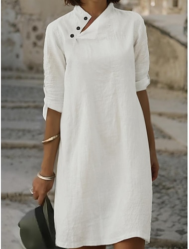  Γυναικεία Λευκό φόρεμα Φόρεμα πουκαμίσα Φόρεμα από βαμβακερό λινό Μίνι φόρεμα Κουμπί Στάμπα Βασικό Καθημερινά Όρθιος Γιακάς 3/4 Μήκος Μανικιού Καλοκαίρι Άνοιξη Μαύρο Λευκό Φλοράλ Σκέτο