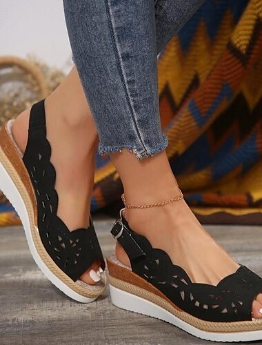  Sandales compensées pour femmes, sandales à plateforme ajourées, bout ouvert, sangle arrière, noir, marron vin