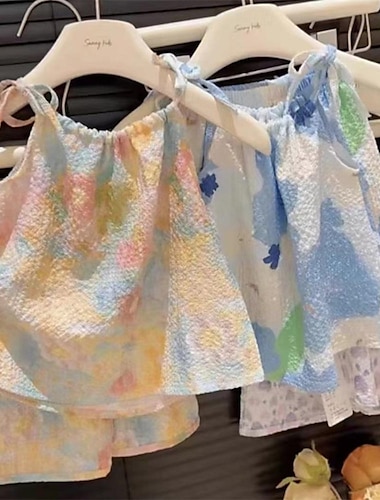  2 delar Barn Flickor Grafisk Linne och shorts Uppsättning Ärmlös Mode Utomhus 3-7 år Sommar Gul Rubinrött Blå