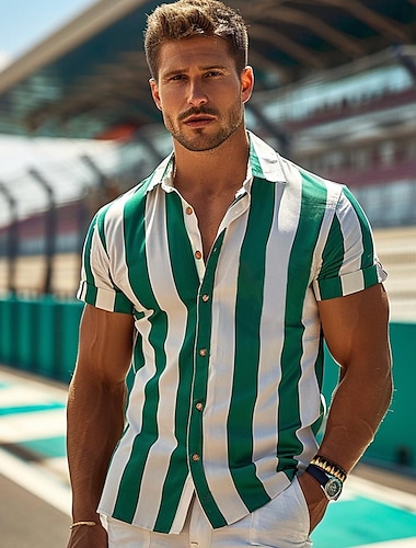  vardagsskjorta för män randig avslappnad bekväm mode fritidssport & utomhus gata causal sommar turndown kortärmad skjorta i grönt viskostyg