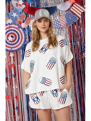  USA Flagge Austattungen T-Shirt-Ärmel Kurze Hosen USA Flagge Für Damen Erwachsene Tag der Unabhängigkeit 4. Juli Heißprägen Casual