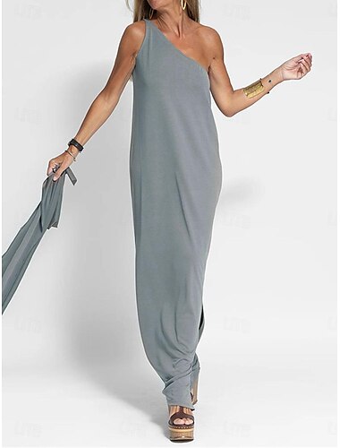  Damen schwarzes kleid Maxidress Rückenfrei Verabredung Urlaub Strassenmode Maxi Ein-Schulter Ärmellos Schwarz Gelb Grau Farbe