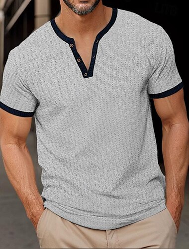  Herren Waffel-Henley-Hemd Kurzarm-Shirt T-Shirt Patchwork Henley Outdoor Strasse Kurzarm Taste Bekleidung Täglich