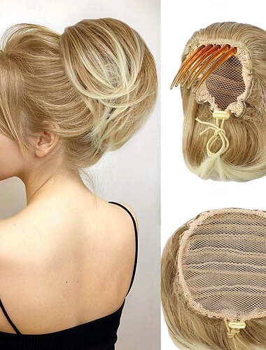  unordentlicher Haarknoten, kurzer Pferdeschwanz-Dutt, Dutt-Verlängerung mit Kordelzugkamm und Clip für Frauen, synthetisches Haarteil, Chignon, Hochsteckfrisur, Dutt-Haar für die tägliche Party
