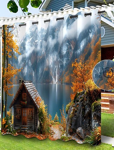  Wasserdichter Outdoor Vorhang Sichtschutzvorhang für den Außenbereich, Schiebevorhänge für die Terrasse, Pergola-Vorhänge mit Ösen, 3D-Berglandschaft für Pavillon, Balkon, Veranda, Party, 1 Panel