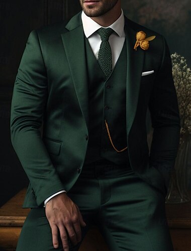  Costumes de mariage pour hommes vert foncé 3 pièces, couleur unie, coupe slim, simple boutonnage, deux boutons, 2024