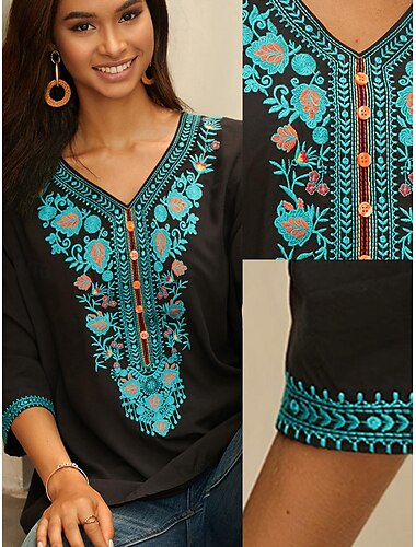  Dames Blouse Bloemig Geborduurd Dagelijks Boho 3/4 mouw V-hals Zwart Zomer Lente