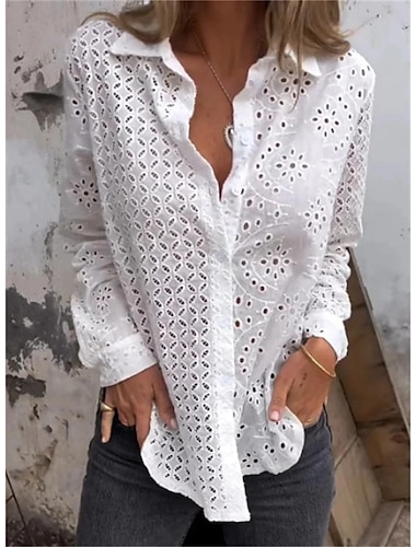  Damen Elegante Weiße Spitzen Tops Ösen Bluse Einfarbig Knopf Ausschnitt Straßenmode Täglich Fashion Hemdkragen Reguläre Passform Romantische Petite Tops Sommer Urlaub Tragen Schwarz Weiß Rot