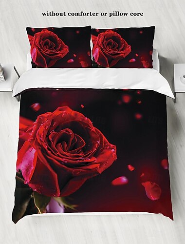  Bettbezug mit Rosenmotiv, Bettwäscheset mit Blumendruck, romantischer Bettbezug mit Blumenmotiv für Schlafzimmerdekoration, 3D-Bettwäscheset mit blauen und roten Rosen, Kingsize-Bettset, 2-teiliges