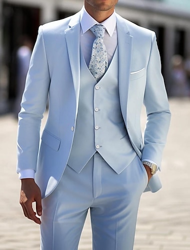 أزرق سماوي رمادي خفيف ملك الرجال زفاف بدلة لون سادة 3 قطعة مجموعة قياس أساسي ستاندرد زر واحد صدر واحد 2024