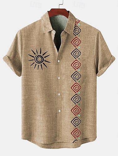  Hombre Camisa camisa de lino camisas retras camisa de la vendimia Camisa étnica Tribal Diario Azul Piscina Verde Trébol Color Caquí Manga Corta Cuello Vuelto Verano Ropa