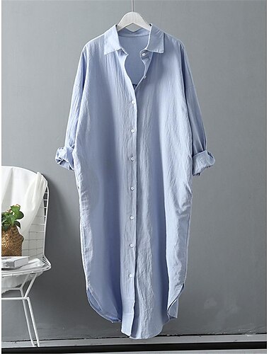  Damen Weißes Kleid blusenkleid Baumwoll-Leinenkleid Midikleid B¨¹ro Urlaub Leinen Basic Brautkleider schlicht Hemdkragen Taste Langarm Sommer Frühling Lockere Passform Glatt