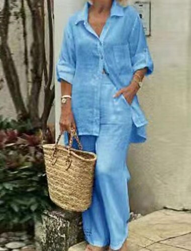  dames katoenen linnen sets tweedelige sets zwart wit blauw effen knoop 2-delig straat dagelijks mode overhemd kraag normale pasvorm s