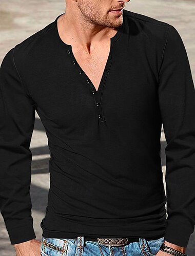  男性用 Tシャツ ヘンリーシャツ ティートップ 長袖 平織り ファッション デザイナー ベーシック ボタンアップ ヘンリー バケーション ストリート お出かけ 春 & 秋 ブラック ホワイト ライトブルー ヘンリーTシャツ