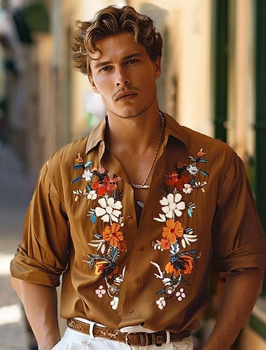  Camisa de lino con estampado gráfico para hombre, camisa de moda hawaiana, camisa informal con botones, camisa diaria para vacaciones hawaianas, solapa de primavera y otoño, manga larga, color caqui, 55% lino, 45% algodón