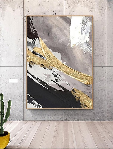  Arte de pared grande pintado a mano, pintura al óleo texturizada de lámina dorada sobre lienzo, imagen abstracta de oro blanco, gris y negro, decoración del hogar sin marco