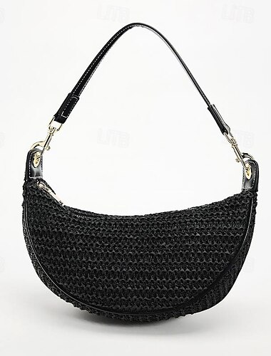  Damen Umhängetasche Schultertasche Stroh Langlebig Feste Farbe Webfaser Naturfarbe Schwarz