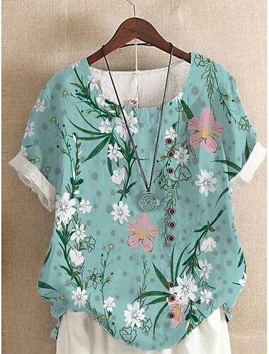  Damen Hemd Leinen-inspirierte Hemden Bluse Blumen Lässig Kurzarm Rundhalsausschnitt Normale Oberteile Urlaub Täglich Druck Gelb Hellgrün Königsblau Blau Purpur Sommer