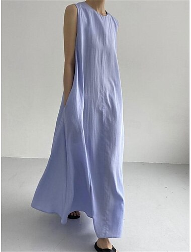  Women's White Navy Blue Blue Summer Spring Maxi Dress Cotton Linen Dresses Casual Dress Tank Dress Basic Modern Daily Weekend Loose Fit Plain Crew Neck Shirt Collar