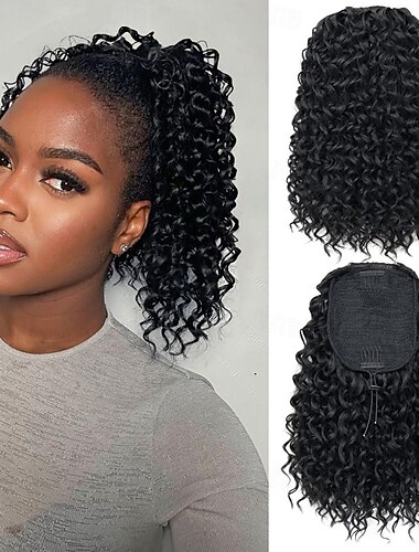  hästsvansförlängning 10 tums dragsko hästsvans hårförlängning för kvinnor naturlig svart kort kinky lockig hästsvans falskt hårstycke daglig fest användning